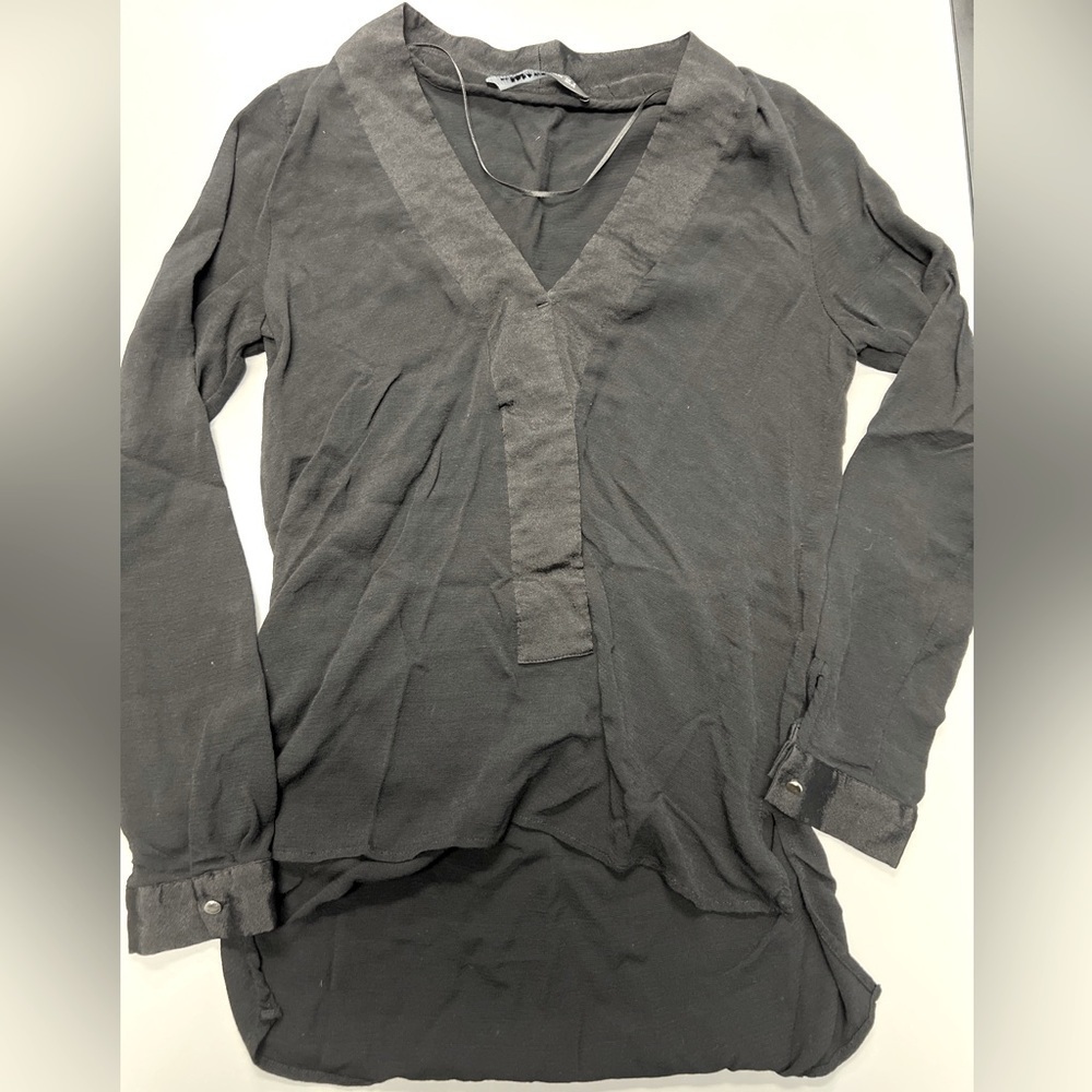 Zara Woman Black Blouse Shirt V Neck Semi Sheer Hi Low Hem Office Career Small